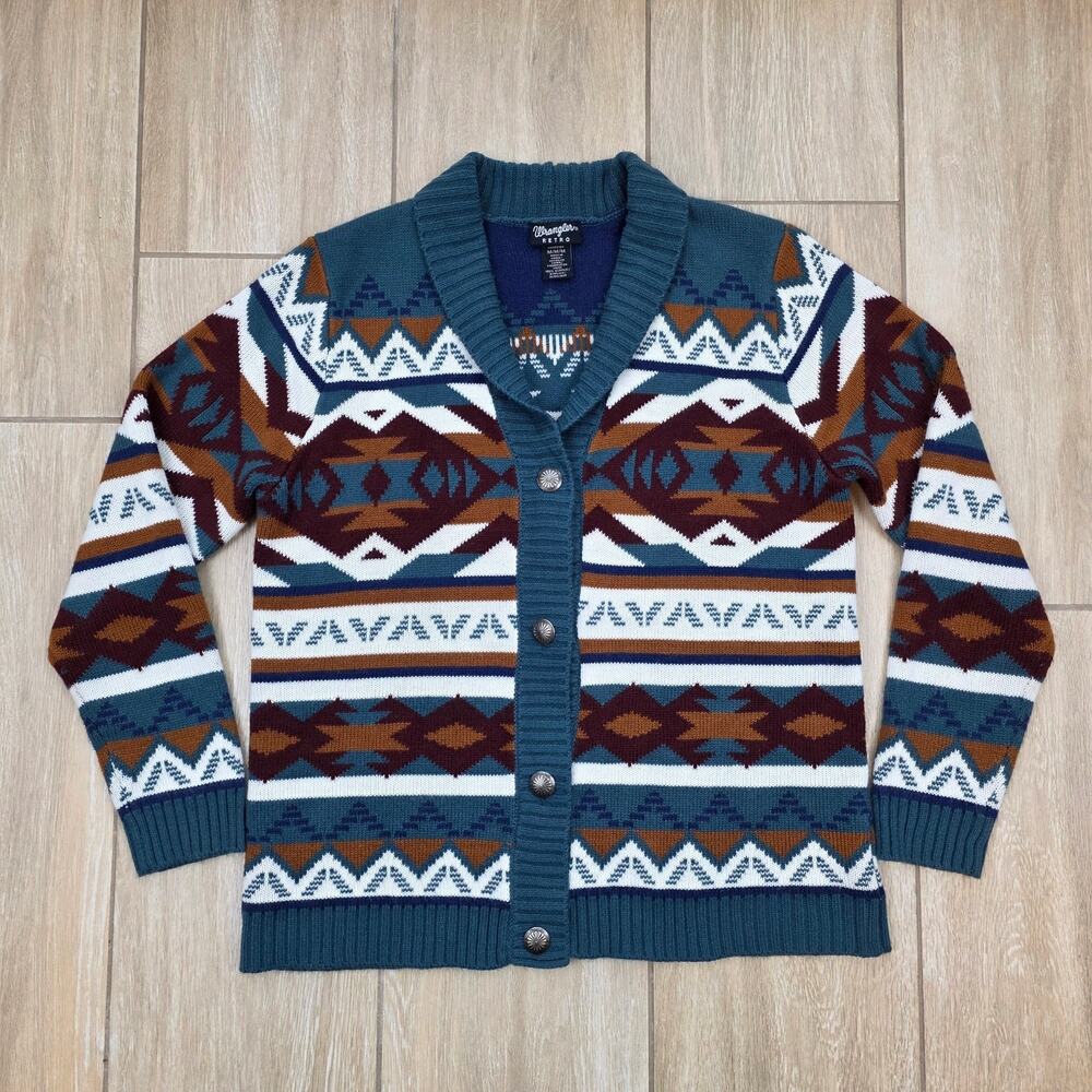 Wrangler Retro Aztec Cardigan Sweater Western Geometric Knit Women M